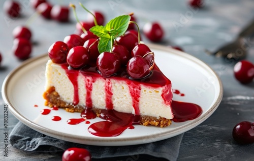 Cherry Cheesecake with Cherry Sauce on White Plate
