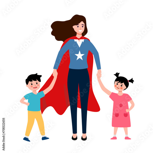 Happy mother's Day. Mother with her children. Mom as super hero.