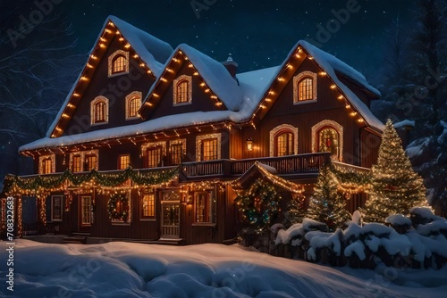 House decorated with garland lights for the holidays. Merry christmas and happy new year concept. beautiful view 