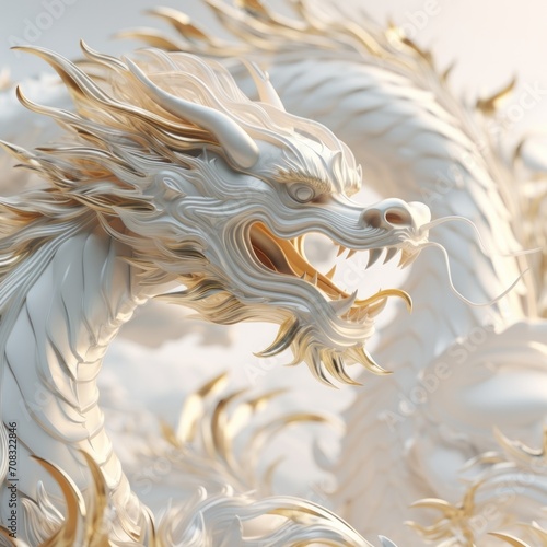 Close-up of Chinese New Year, Dragon theme, abstract minimalist dragon design, subtle gold on white, clear background, render, soft natural lighting, simple and elegant space