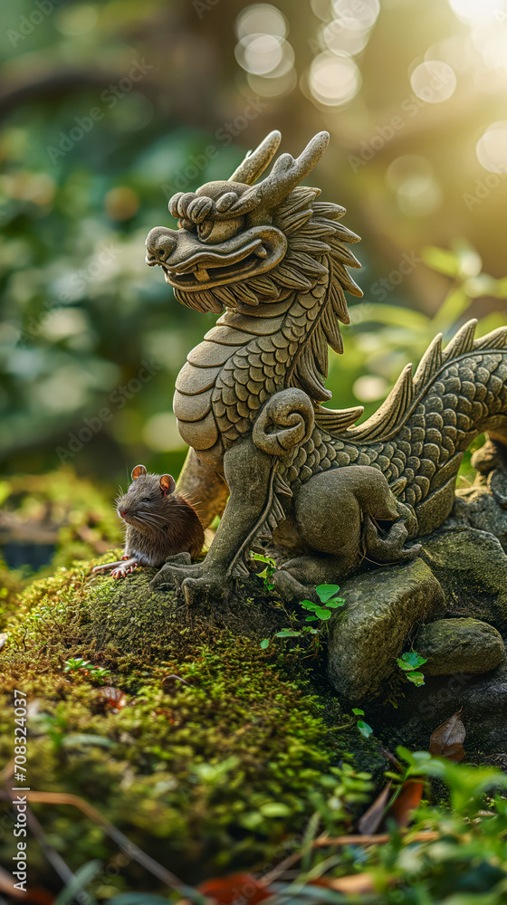 Stone Dragon Statue in a Lush Green Garden Stone Dragon Statue in a Lush Green Garden