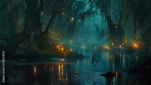 The quiet stillness of the swamp is broken by the haunting calls of willothewisps, their ethereal lights calling out to the lost and luring them into their ghostly clutches. Fantasy animatio photo