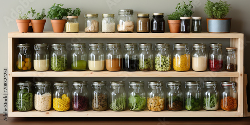 A large collection of multi colored spice jars on wooden shelf.AI Generative 