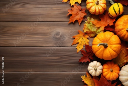 Dry autumn leaves and pumpkins on wooden table, flat lay. Space for text