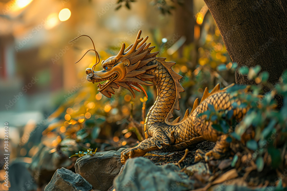 Golden Dragon Statue in a Mystical Forest