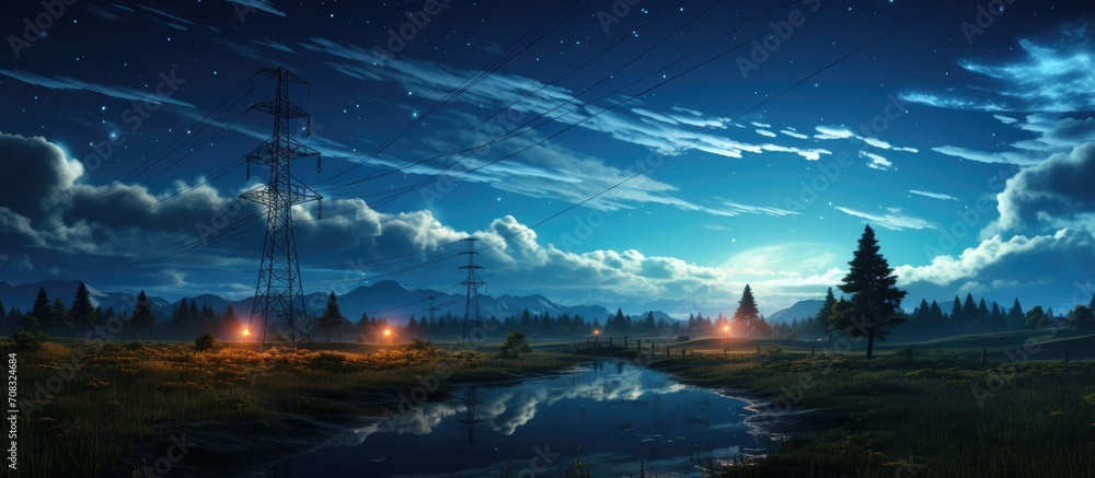 Electric transmission tower with yellow glowing cables, with a starry night sky