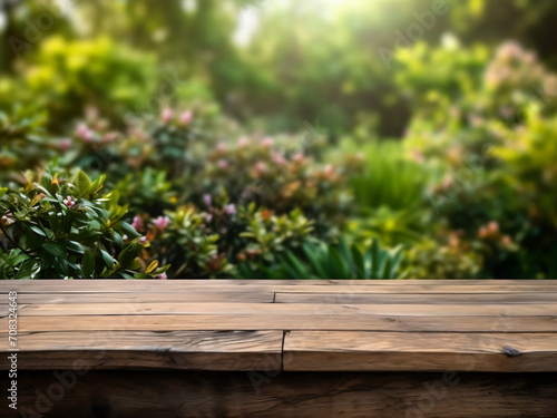 Rustic wooden table with green garden background. Outdoor Background of brown wood table in front of green leaves and flowers garden. Background for product display or presentation.