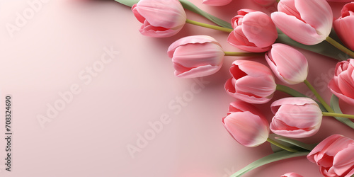 Easter banner with pink tulips and place for text over pastel background photo
