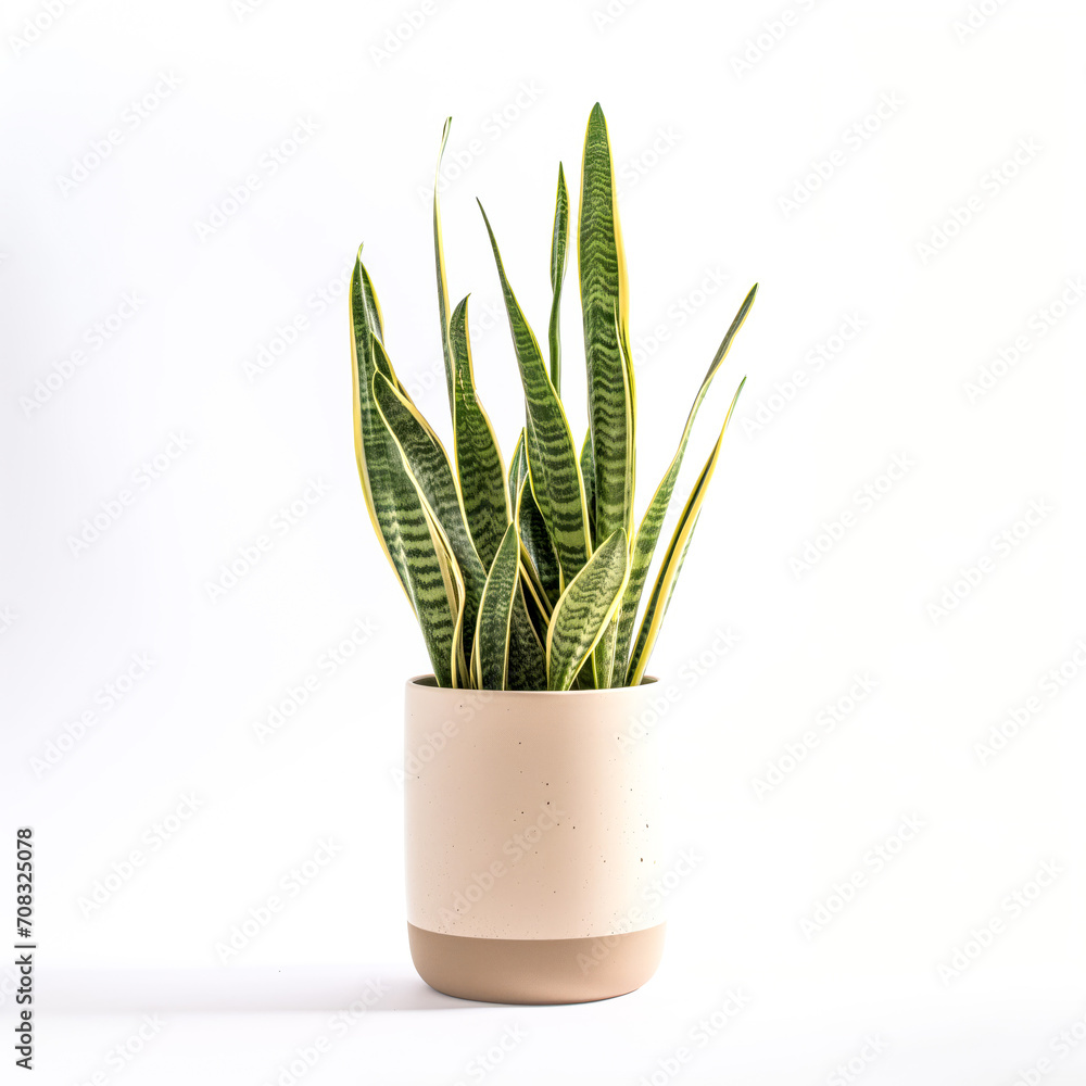 A potted snake plant with green and yellow leaves against a white background A potted snake plant with green and yellow leaves against a white background