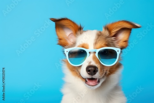 puppy wearing sunglasses on blue background half body summer vacation © Muh