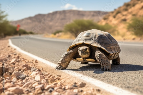 Tortoise crossing desert road