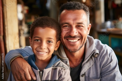 A man and a boy smile for the camera