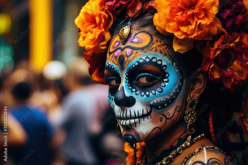 A person with their face painted and decorated for the Day of the Dead Parade A person with their face painted and decorated for the Day of the Dead Parade