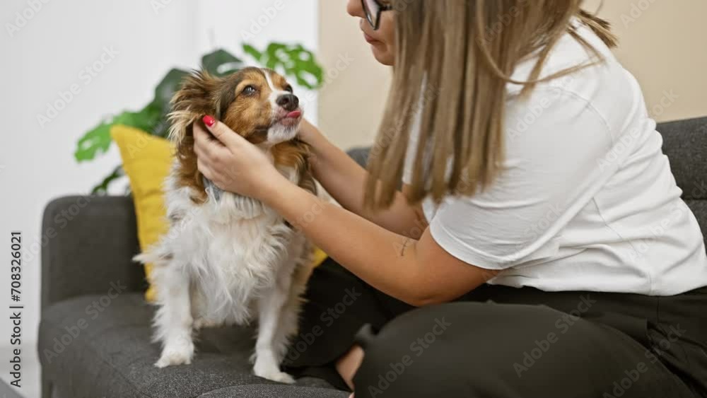 A young woman affectionately cuddles her small dog on a sofa in a cozy living room. A young woman affectionately cuddles her small dog on a sofa in a cozy living room.