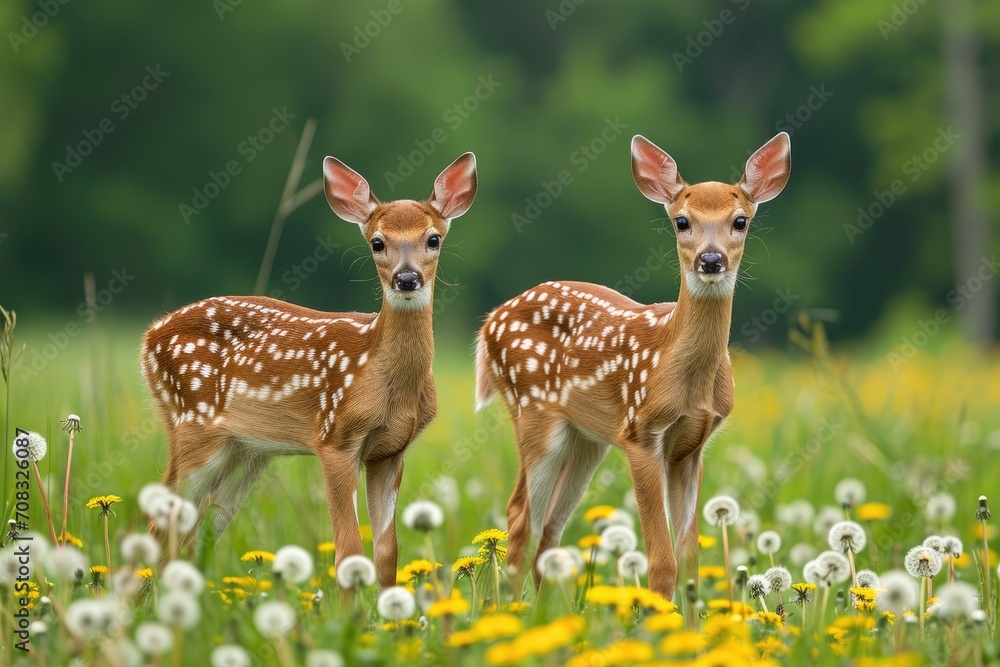 Two fawns standing in a field with dandelions. Two fawns standing in a field with dandelions.