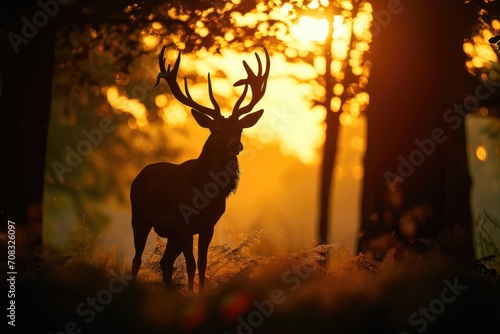 Silhouette of a red deer stag in the forest at sunset.