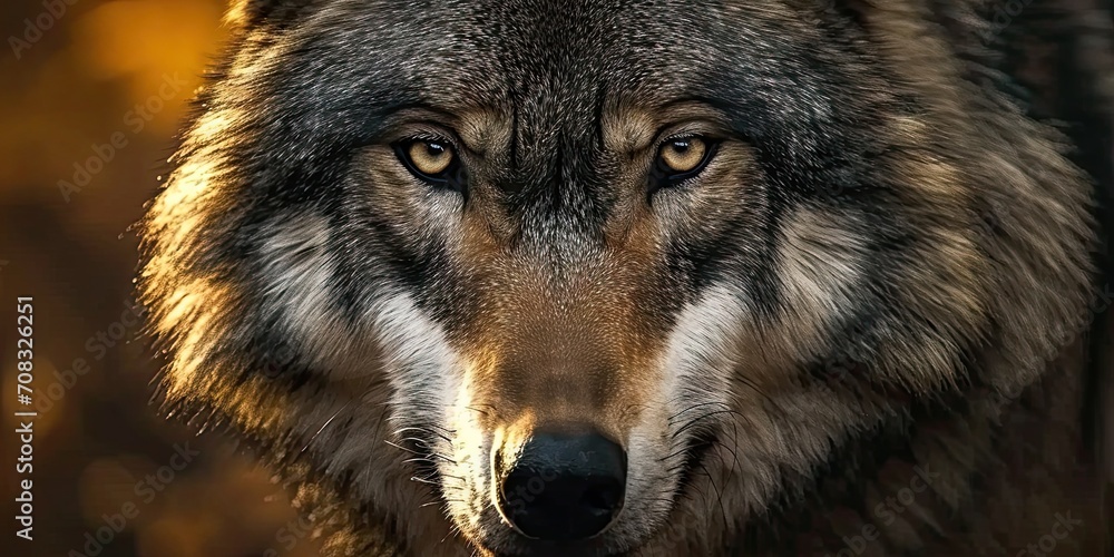 Obraz premium Majestic lone wolf. Stunning portrait of wild gray wolf intensely staring into the night perfect for conveying raw power and beauty of predatory creature in natural habitat