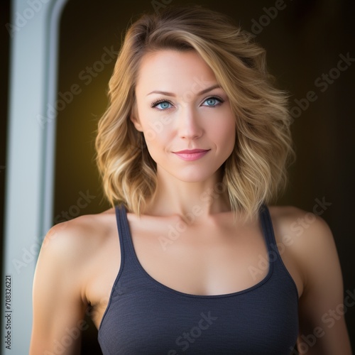 portrait of a beautiful blonde woman in a gray tank top