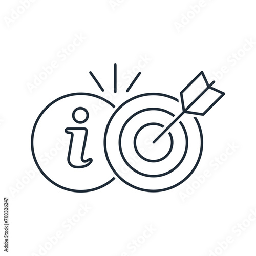 A button with the letter I , and a target with an arrow.Precise actual information. Vector linear icon isolated on white background.