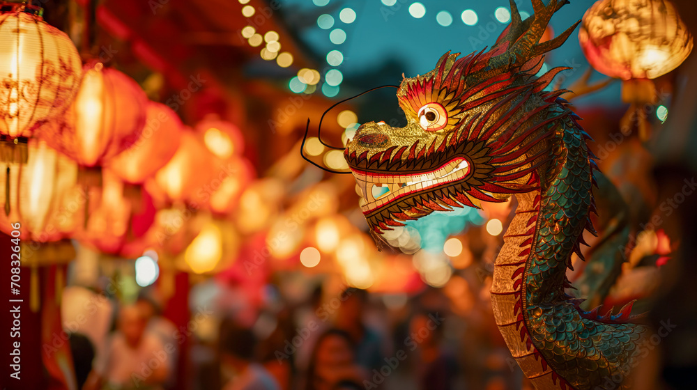 Dragon Dance Amidst Lantern-Lit Street