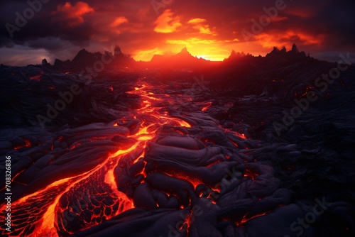 Volcano lava flowing down the mountain