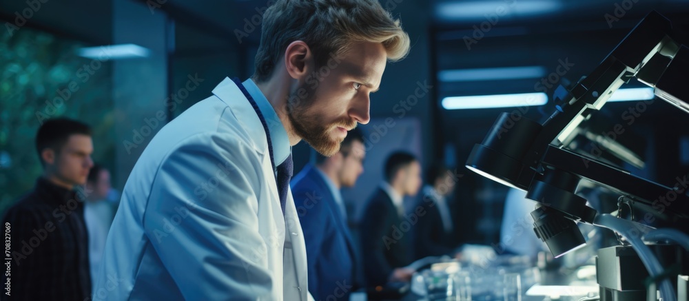 Focused blonde researcher in lab attire conducting genetic research, observing microscope. - obrazy, fototapety, plakaty 
