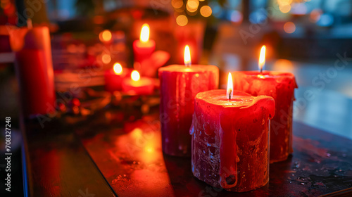 Illuminated Red Candles with Bokeh Background