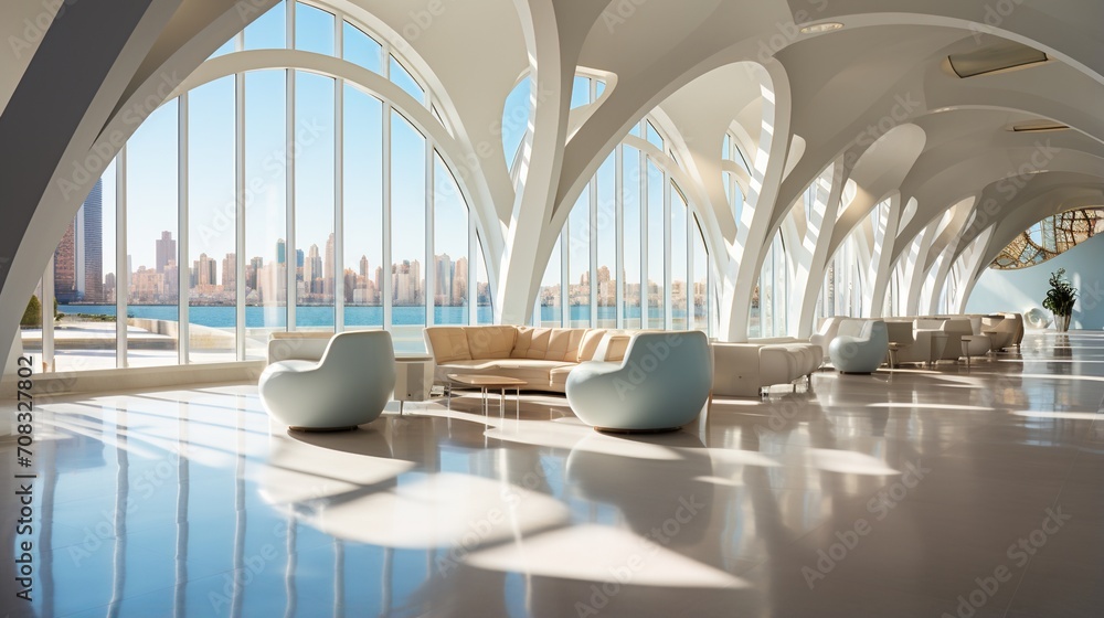 Modern interior space with large windows and curved white arches