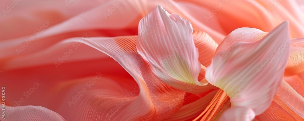 Close up of peach pink amaryllis flower, on silk fabric, macro. Abstract floral background in trendy Peach Fuzz palette. Space for text. AI generated digital design. Close up of peach pink amaryllis flower, on silk fabric, macro. Abstract floral background in trendy Peach Fuzz palette. Space for text. AI generated digital design.