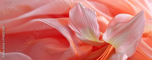 Close up of peach pink amaryllis flower, on silk fabric, macro. Abstract floral background in trendy Peach Fuzz palette. Space for text. AI generated digital design.