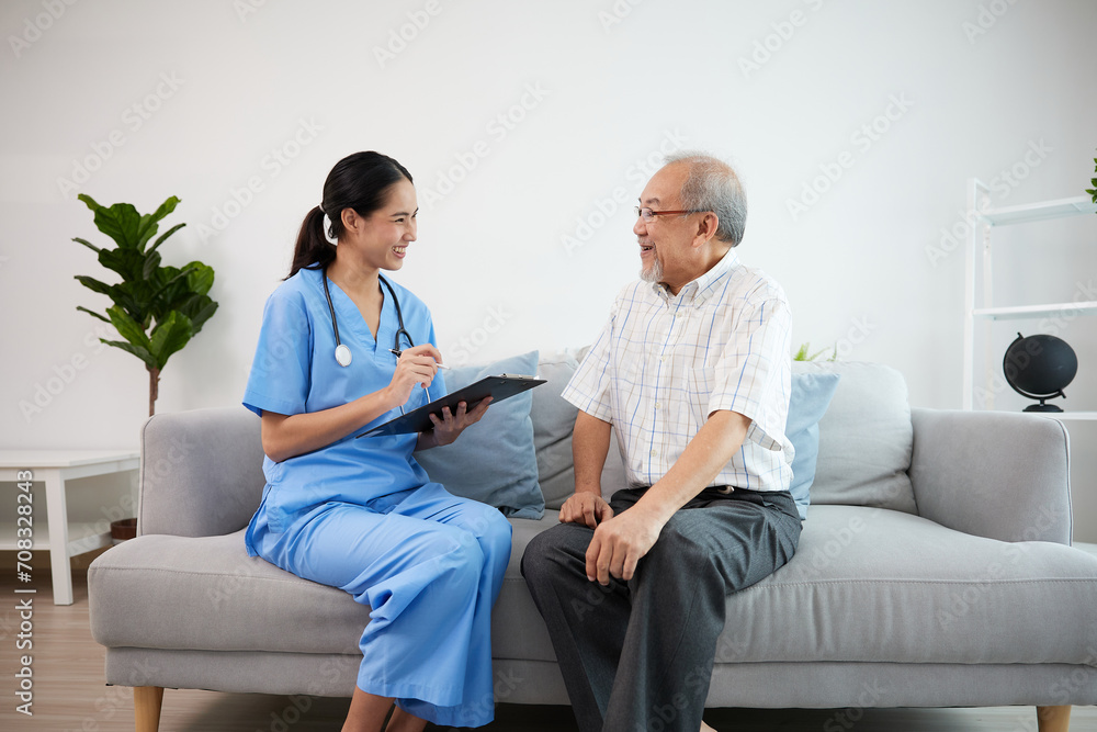 nurse or caregiver holding a clipboard meeting and talking about health with elderly man nurse or caregiver holding a clipboard meeting and talking about health with elderly man