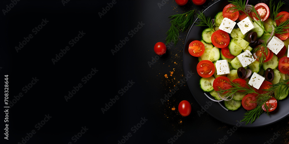 Greek salad top view on black table over black table background 