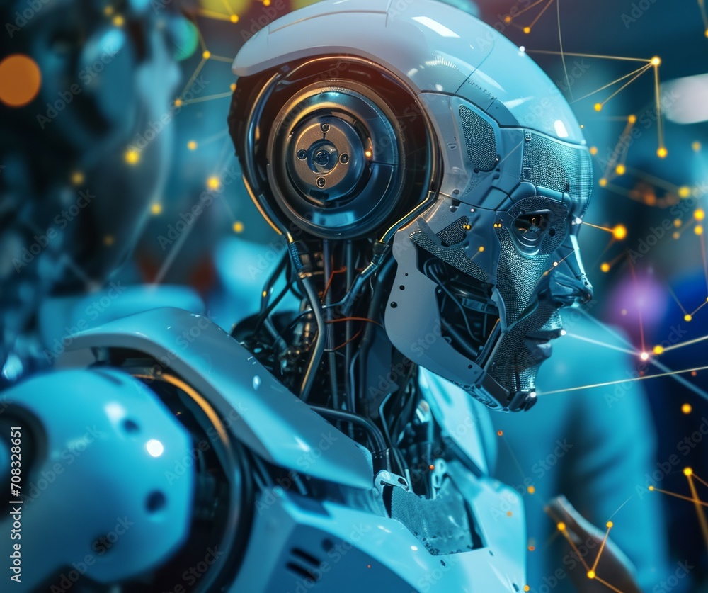 Fototapeta premium AI Cyborg Robot whispering possibilities or opportunities to an individual, sparking curiosity and excitement, convey the thrill of discovering new possibilities through the whispers of AI.