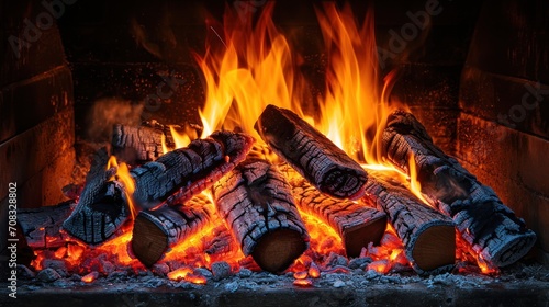 Logs Being Burned in a Fireplace. Generative Ai.