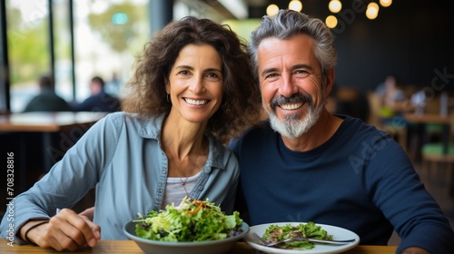 Happy couple eating healthy food at a restaurant