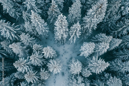 Aerial view on pine trees in forest during white winter, a beautiful, sliver, nature and landscape to explore, good for wallpaper, abstract or texture background purpose...