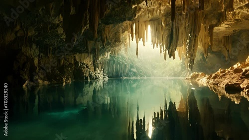 The subterranean lake is a peaceful oasis, its crystal clear waters reflecting the stalactites above. But as the sun sets, a monstrous silhouette emerges from the depths, Fantasy animatio photo