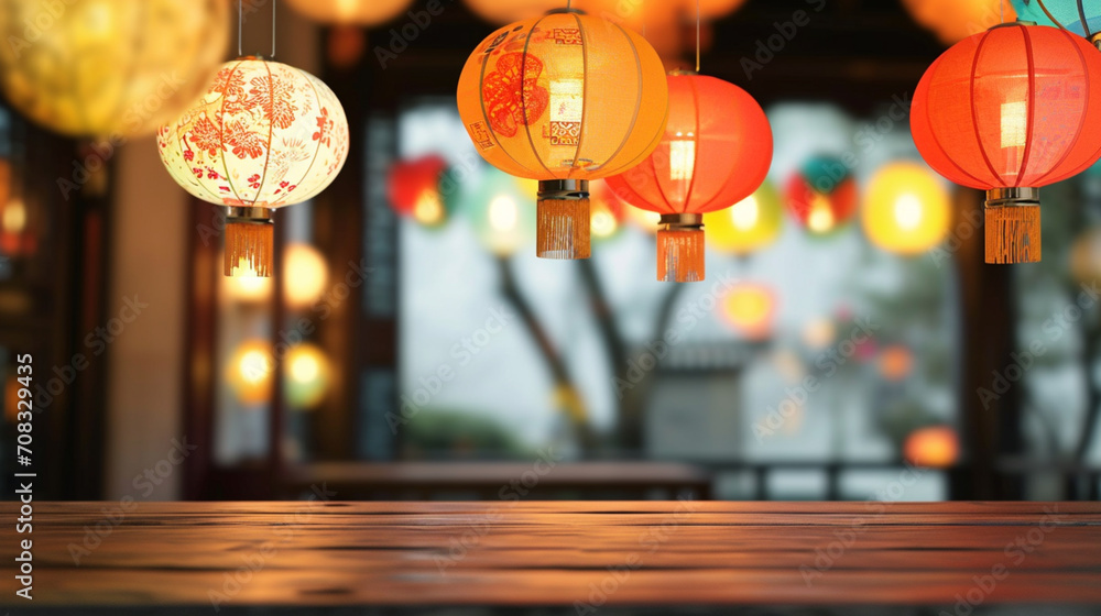 empty table top and blur of room on a blur chinese lantern festival decoration background empty table top and blur of room on a blur chinese lantern festival decoration background