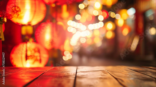 empty table top and blur of room on a blur chinese lantern festival decoration background photo