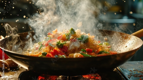 Asianstyle Cooking Produces Steaming Mixed Vegetables In A Wok. Generative Ai.