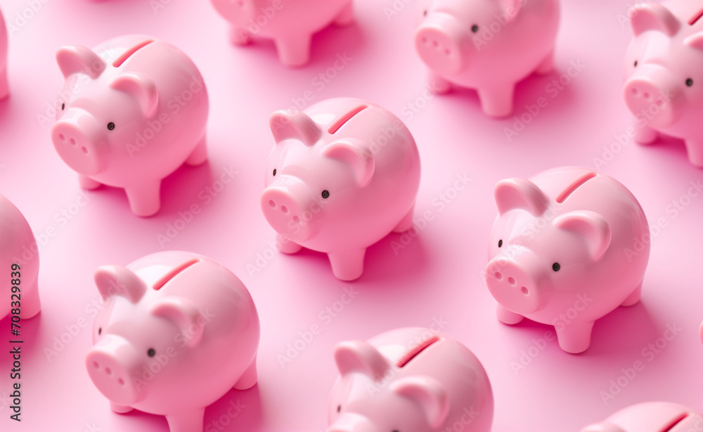Array of pink piggy banks on pink background. Array of pink piggy banks on pink background.