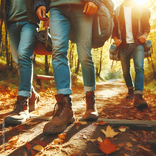 Hiking adventure, group of people walking in autumn park