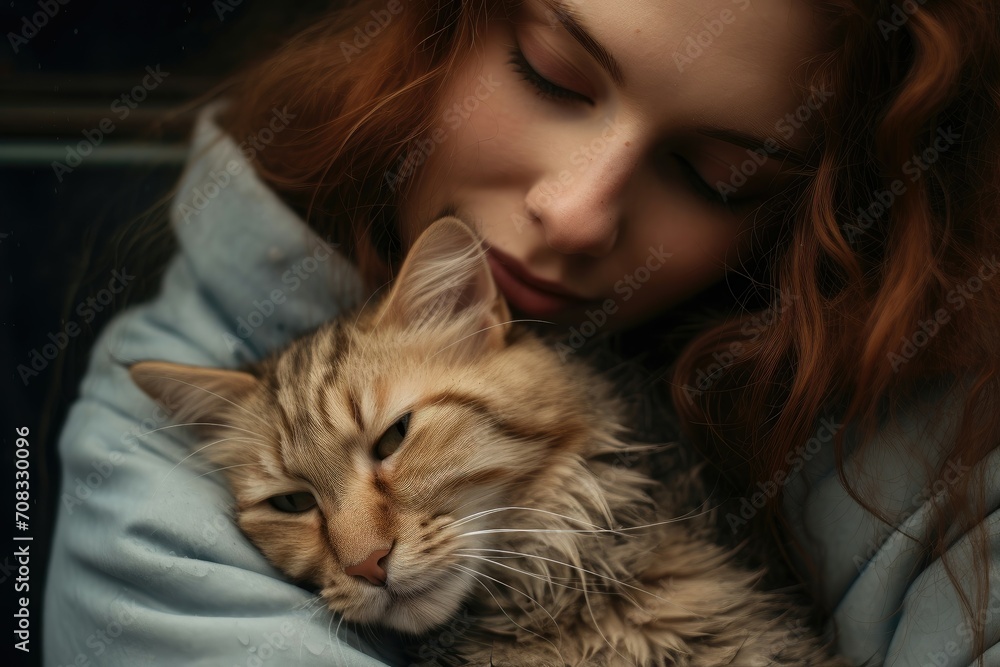 A woman and her cat share a tender moment, wrapped in a comforting embrace. A woman and her cat share a tender moment, wrapped in a comforting embrace.