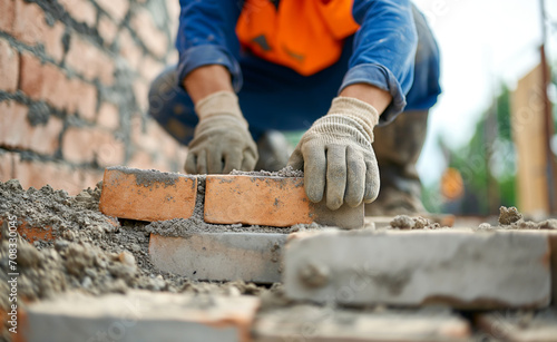 Construction worker laying bricks on a construction site