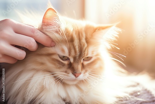 A gentle caress on a fluffy Maine Coon cat in sunlight.