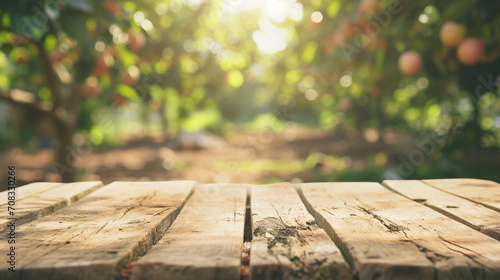 empty oak beige wooden table top and blur of cherry farm garden background. AI Generative