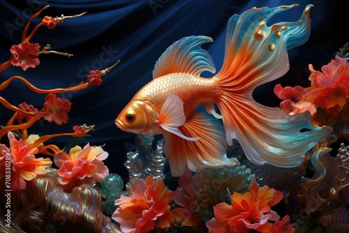 A goldfish with flowing fins among stylized coral and blooms.