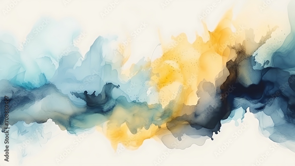 A dreamy, smoky abstract pattern created by the gradual transition, blending, and splattering of blue and yellow huess isolated on white background.