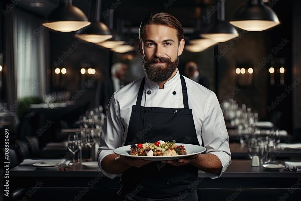 Confident chef presenting a dish in a sophisticated restaurant setting.