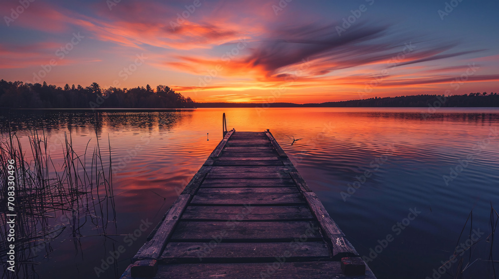 A long dock that leads into a calm lake that is illuminated by the warm tones of dusk.